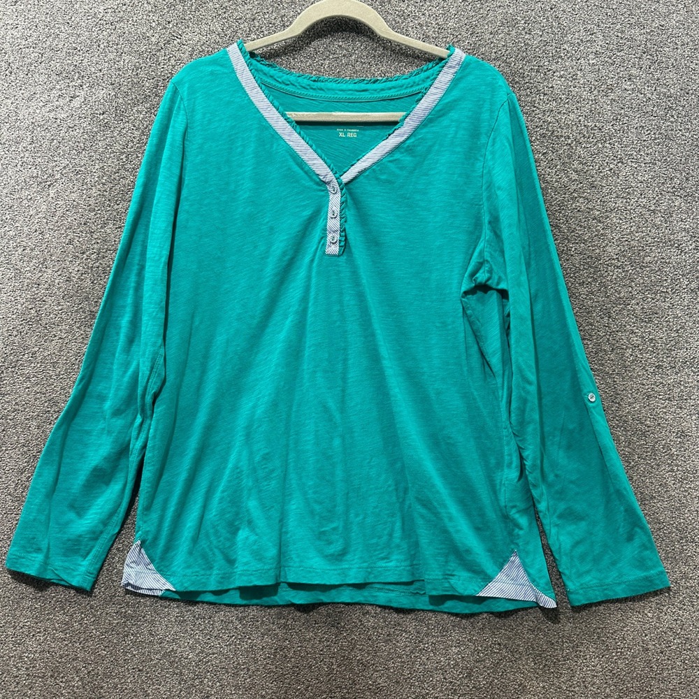 LL Bean Slub Cotton Lightweight Henley Top Womens XL‎ Teal Green Roll Tab Casual